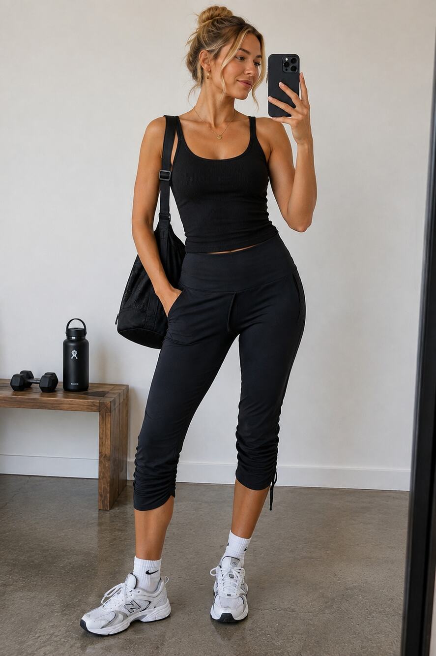 Cabi Black High Rise Womens Cropped Ruched Leggings Yoga Pants Womens M Athletic